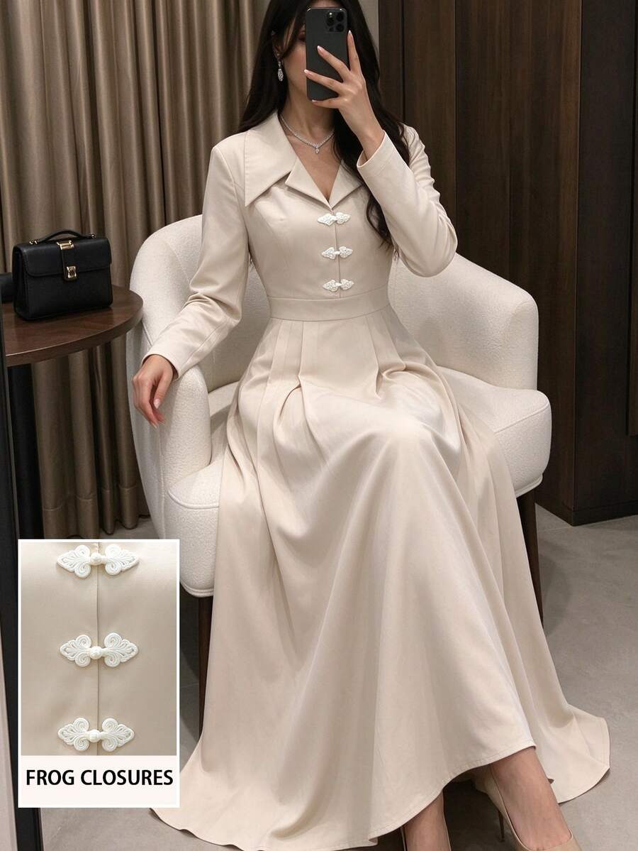 Modelyn Women's Elegant Day Party Khaki Lapel Front Placket New Chinese Style White Frog Button Design Long Sleeve Pleated A-Line Mid-Length Dress Fall
