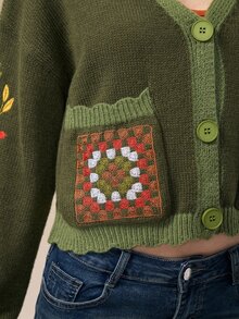 ROMWE Autumn/Winter Fairycore Squirrel & Botanical Fruit Embroidered Green Women's Cardigan - Green - View 4