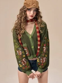 ROMWE Autumn/Winter Fairycore Squirrel & Botanical Fruit Embroidered Green Women's Cardigan - Green - View 7