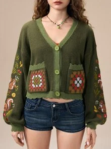 ROMWE Autumn/Winter Fairycore Squirrel & Botanical Fruit Embroidered Green Women's Cardigan - Green - View 2