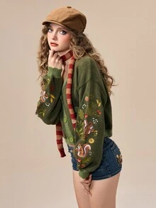 ROMWE Autumn/Winter Fairycore Squirrel & Botanical Fruit Embroidered Green Women's Cardigan - Green - View 8