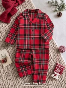 Cozy Pixies Kids Baby Boy Baby Girl Red Plaid Collar Woven Long Sleeve Set, Suitable For Spring, Summer, Autumn, Winter, Indoor, Party, Holiday - Multicolor - View 1