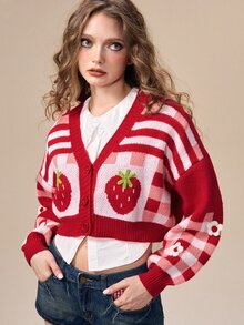 ROMWE Áo cardigan nữ họa tiết dâu tây ngọt ngào phong cách Kawaii - Đỏ - Xem 4