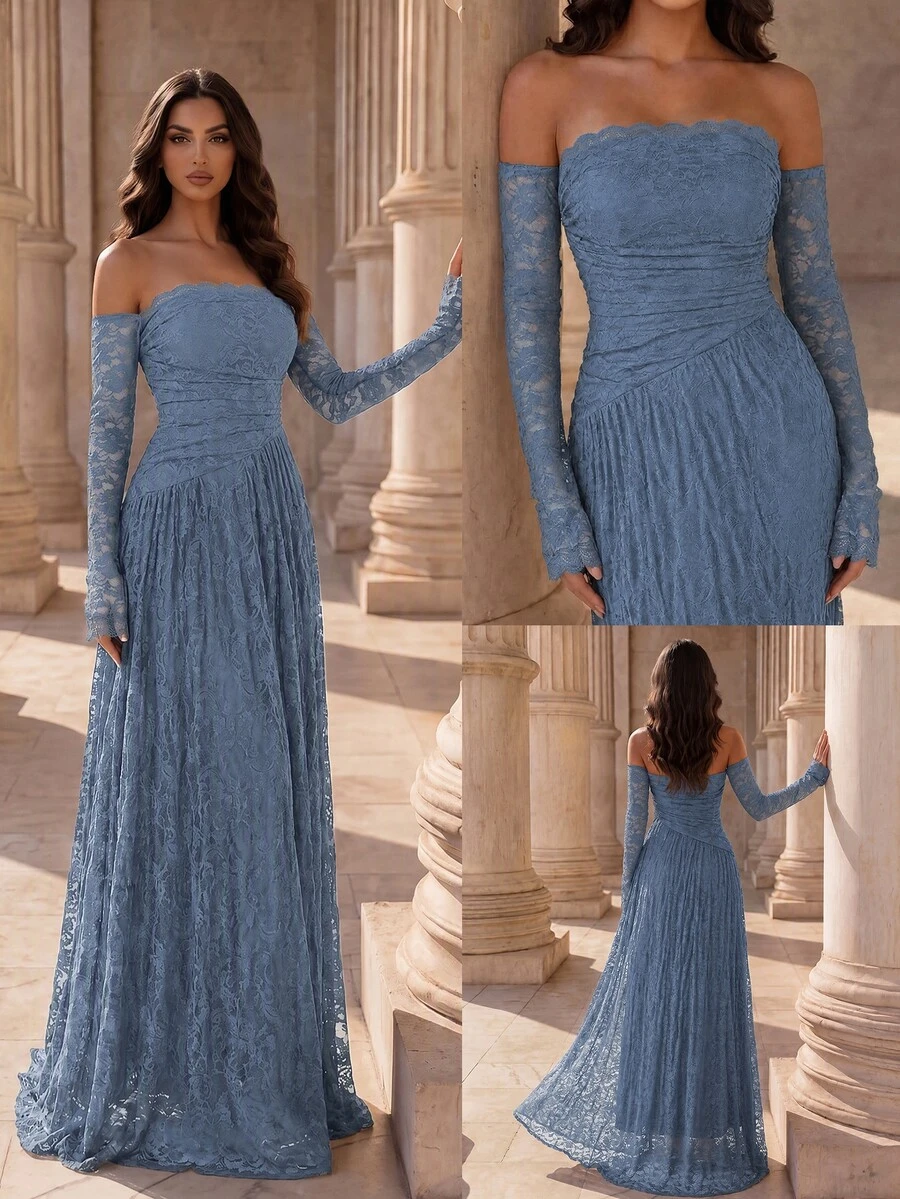 Coutiva Elegante vestido de noche de unicolor con encaje y hombros descubiertos, vestido de banquete de alta gama para celebridades - Neblina azul - Ver 1