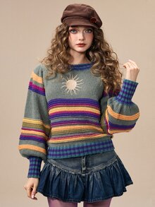 ROMWE Hippie 女款太陽刺繡條紋套頭毛衣 - 彩色 - 查看 5