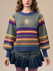 ROMWE Hippie 女款太陽刺繡條紋套頭毛衣 - 彩色 - 查看 2