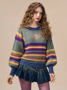 ROMWE Hippie 女款太陽刺繡條紋套頭毛衣 - 彩色 - 查看 4
