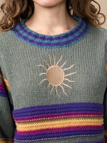 ROMWE Hippie 女款太陽刺繡條紋套頭毛衣 - 彩色 - 查看 9