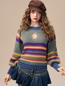ROMWE Hippie 女款太陽刺繡條紋套頭毛衣 - 彩色 - 查看 6