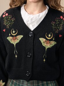 ROMWE Goth 女款田園波西米亞風刺繡針織開襟衫 - 黑色 - 查看 2