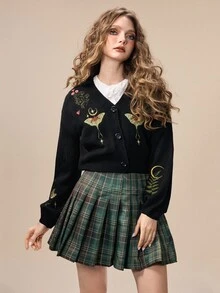ROMWE Goth 女款田園波西米亞風刺繡針織開襟衫 - 黑色 - 查看 4