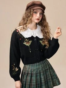 ROMWE Goth 女款田園波西米亞風刺繡針織開襟衫 - 黑色 - 查看 7