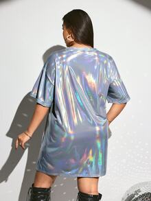 SHEIN ICON 大码激光音乐节 T 恤连衣裙，大码激光音乐节派对 T 恤连衣裙 - 銀色 - 查看 7