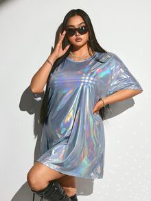 SHEIN ICON 大码激光音乐节 T 恤连衣裙，大码激光音乐节派对 T 恤连衣裙 - 銀色 - 查看 6