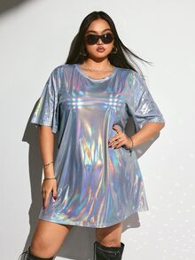 SHEIN ICON 大码激光音乐节 T 恤连衣裙，大码激光音乐节派对 T 恤连衣裙 - 銀色 - 查看 2