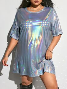 SHEIN ICON 大码激光音乐节 T 恤连衣裙，大码激光音乐节派对 T 恤连衣裙 - 銀色 - 查看 3