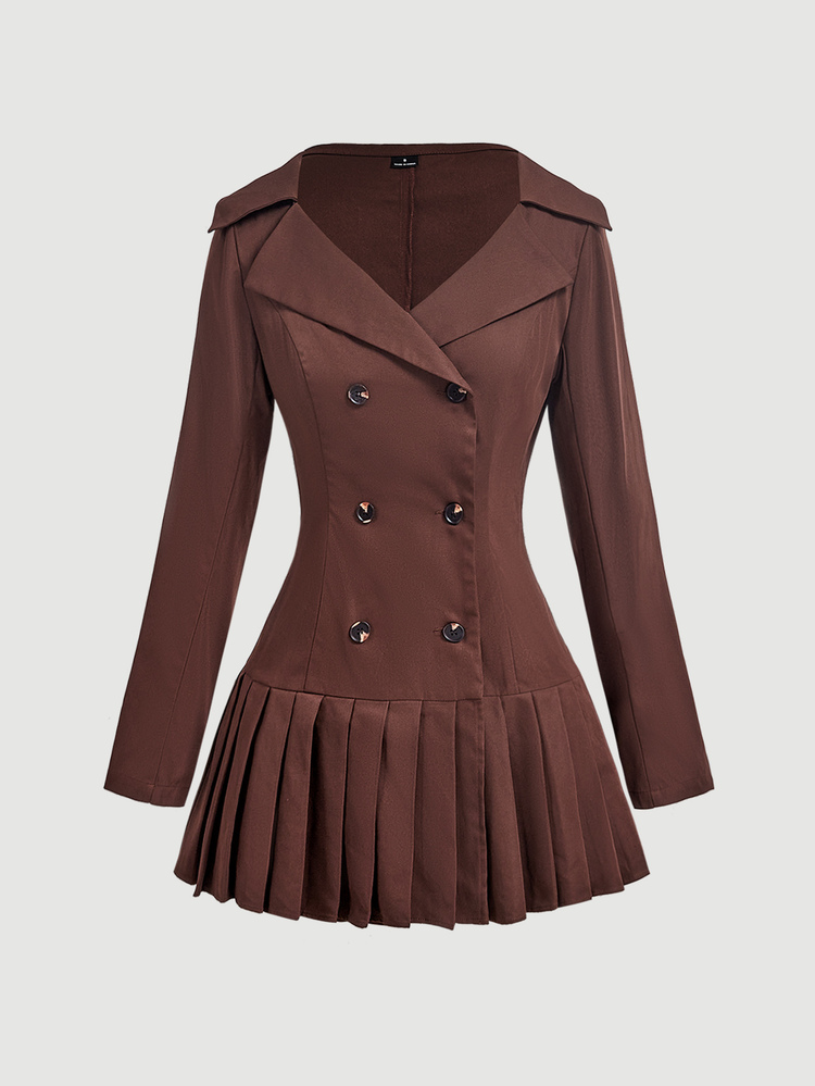 Skyraze Pleated Double-Breasted Coffee Brown Trench Coat Date Office Party Fall French Elegant Preppy - Rust Brown - View 4