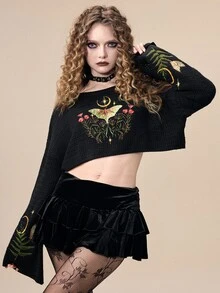 ROMWE Goth Cute Mori Style Apple Pattern Cropped Loose Knit - Black - View 8
