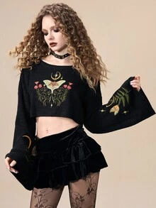 ROMWE Goth Cute Mori Style Apple Pattern Cropped Loose Knit - Black - View 1