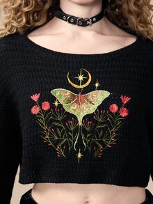 ROMWE Goth Cute Mori Style Apple Pattern Cropped Loose Knit - Black - View 4