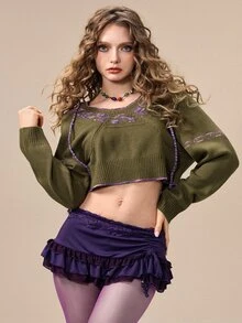 ROMWE Fairycore 秋冬森系深綠色花卉圖案連帽女款針織衫 - 綠色 - 查看 8