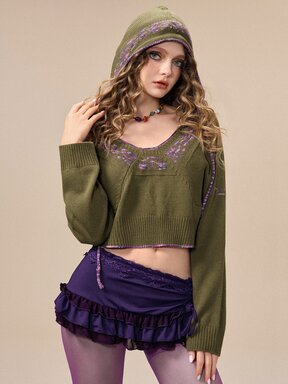 Fairycore Autumn/Winter Mori Style Dark Green Floral Pattern Hooded Women's Sweater