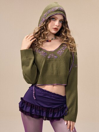 Fairycore Pull à capuche pour femmes style Mori, motif floral vert foncé, automne/hiver