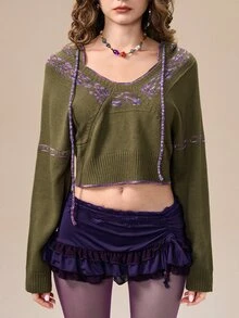 ROMWE Fairycore 秋冬森系深綠色花卉圖案連帽女款針織衫 - 綠色 - 查看 2
