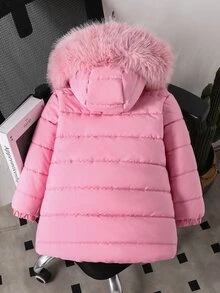 女童甜美粉色長款連帽加厚外套，秋冬抓絨大毛領，可愛豹紋手套裝飾，口袋，寬鬆加厚西式 - 粉色 - 查看 2