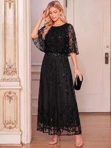 Amorya Women's Fashion Party Sequin Embroidered Dress - Black - View 1