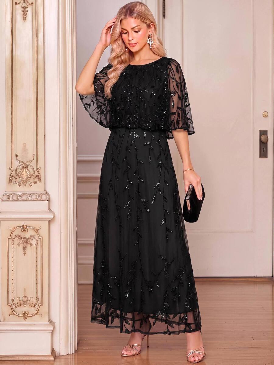 Amorya Women's Fashion Party Sequin Embroidered Dress - Black - View 1