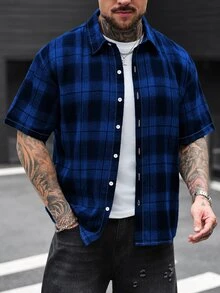 Manfinity CasualCool 男士格紋短袖單排扣休閒襯衫，夏季街頭風城市度假，復古法蘭絨格子襯衫，適合日常休閒旅行 - 彩色 - 查看 4