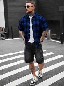 Manfinity CasualCool 男士格紋短袖單排扣休閒襯衫，夏季街頭風城市度假，復古法蘭絨格子襯衫，適合日常休閒旅行 - 彩色 - 查看 6