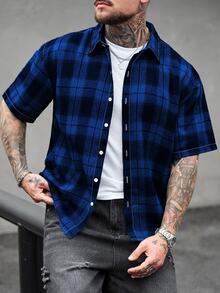 Manfinity CasualCool 男士格紋短袖單排扣休閒襯衫，夏季街頭風城市度假，復古法蘭絨格子襯衫，適合日常休閒旅行 - 彩色 - 查看 3