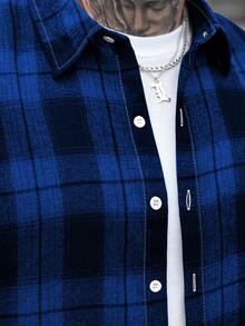 Manfinity CasualCool 男士格紋短袖單排扣休閒襯衫，夏季街頭風城市度假，復古法蘭絨格子襯衫，適合日常休閒旅行 - 彩色 - 查看 5