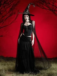 MortiRose 1pc Lightweight Black & White, Red Double-Layer Lace Witch Cape, Suitable For Christmas, Halloween, Princess, Witch, Little Red Riding Hood Costumes - Black - View 1