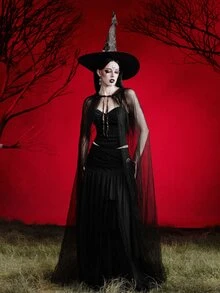 MortiRose 1pc Lightweight Black & White, Red Double-Layer Lace Witch Cape, Suitable For Christmas, Halloween, Princess, Witch, Little Red Riding Hood Costumes - Black - View 9