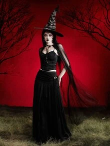MortiRose 1pc Lightweight Black & White, Red Double-Layer Lace Witch Cape, Suitable For Christmas, Halloween, Princess, Witch, Little Red Riding Hood Costumes - Black - View 7