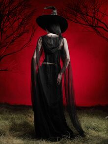 MortiRose 1pc Lightweight Black & White, Red Double-Layer Lace Witch Cape, Suitable For Christmas, Halloween, Princess, Witch, Little Red Riding Hood Costumes - Black - View 5