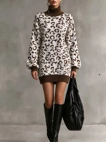 LUMIGAL Women's Fall Casual Versatile Commuter Knit Dress, Vintage White Animal Print Leopard Print Contrast Color Lapel Loose Short Brunch Going Out - Multicolor - View 1