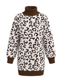 LUMIGAL Women's Fall Casual Versatile Commuter Knit Dress, Vintage White Animal Print Leopard Print Contrast Color Lapel Loose Short Brunch Going Out - Multicolor - View 6