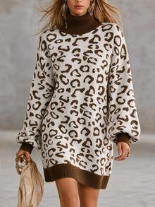 LUMIGAL Women's Fall Casual Versatile Commuter Knit Dress, Vintage White Animal Print Leopard Print Contrast Color Lapel Loose Short Brunch Going Out - Multicolor - View 3