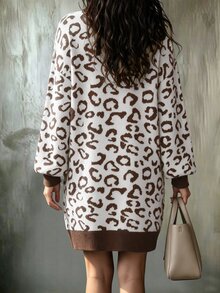 LUMIGAL Women's Fall Casual Versatile Commuter Knit Dress, Vintage White Animal Print Leopard Print Contrast Color Lapel Loose Short Brunch Going Out - Multicolor - View 2