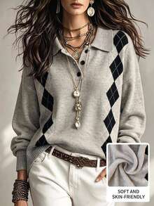 Linhara Plus Size Polo Collar Contrast Color Argyle Lazy Commute Long Sleeve Knit Sweater Winter - Khaki - View 1