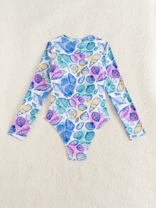 Swim SPRTY Women's Summer New One-Piece Swimsuit, Random Print Fashion Long Sleeve Zipper Style Surfing Suit, Hot Spring Vacation Swimwear - Multicolor - View 7