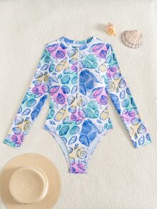 Swim SPRTY Women's Summer New One-Piece Swimsuit, Random Print Fashion Long Sleeve Zipper Style Surfing Suit, Hot Spring Vacation Swimwear - Multicolor - View 6