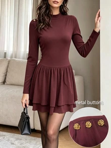 Modelyn Women's Burgundy Mock‑Neck Mini Dress With Metal Buttons, Double‑Layer Ruffled Cake Hem, Elegant Chic Style For Date & Party Outfits, Fall & Winter - Rusty Rose - View 5