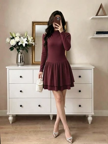 Modelyn Women's Burgundy Mock‑Neck Mini Dress With Metal Buttons, Double‑Layer Ruffled Cake Hem, Elegant Chic Style For Date & Party Outfits, Fall & Winter - Rusty Rose - View 6