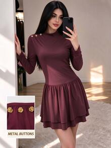 Modelyn Women's Burgundy Mock‑Neck Mini Dress With Metal Buttons, Double‑Layer Ruffled Cake Hem, Elegant Chic Style For Date & Party Outfits, Fall & Winter - Rusty Rose - View 2