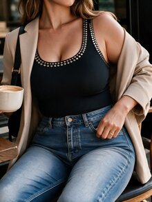 Easura Plus Size Women's Deep U-Neck Studded Decor Tank Top - Black - View 6